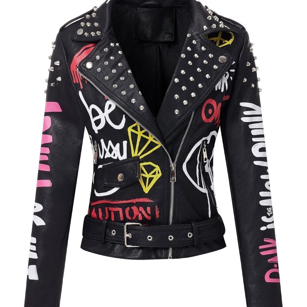 ๐ Women Black Trendy Faux Leather Jacket Rivet Spring Winter Fashion Clothes